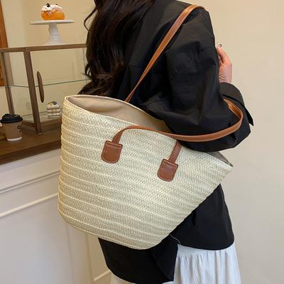 New Versatile Simple and Fashionable Straw Woven Bag Large Capacity Shoulder Bag Handbag Retro Beach Bag Women's Bag Knitting