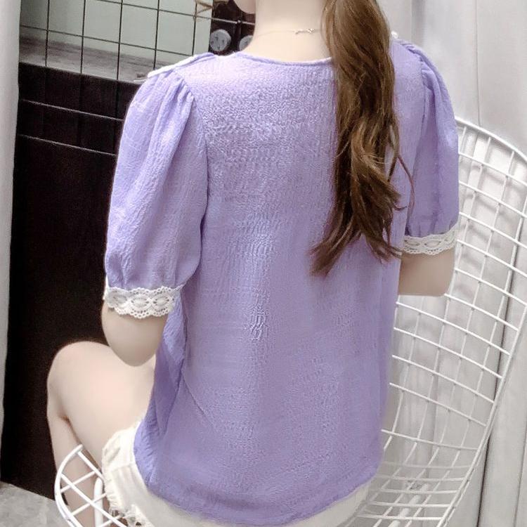 V Neck Lace Blouse Summer Fashion Flounce Short Sleeve T Shirt Women Trendy Youthful Top