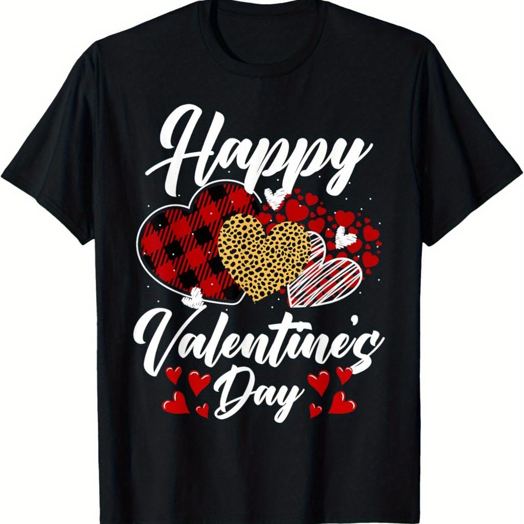 Happy Valentine Day Leopard Plaid Heart Graphic Men's Soft Cotton T-Shirt Casual Short Sleeve Tee