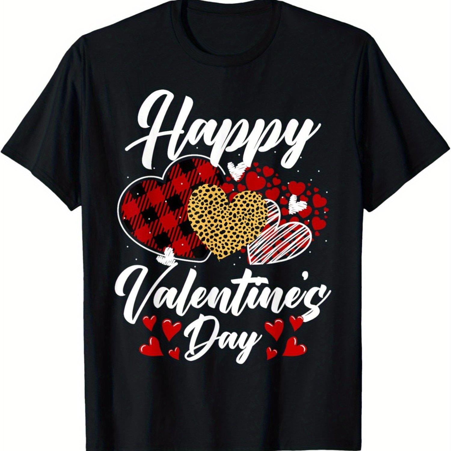 Happy Valentine Day Leopard Plaid Heart Graphic Men s Soft Cotton T-Shirt Casual Short Sleeve Tee 4XL