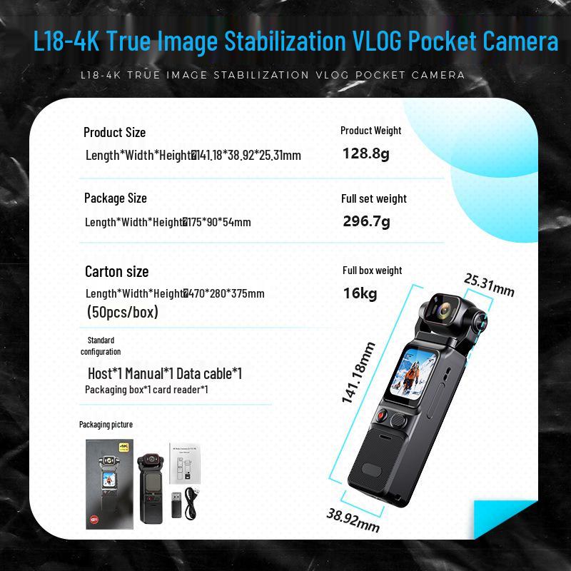 L18 4K Image Stabilization Action Camera - Pocket-Sized Outdoor HD Camcorder