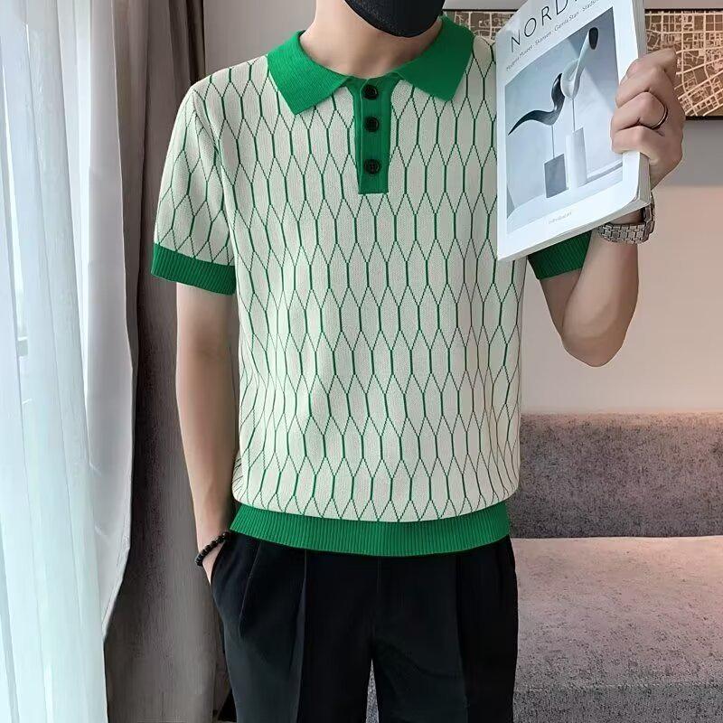 Men's Korean Slim Fit Contrast Ice Silk Polo Shirt - Short Sleeve, Cool, Handsome Lapel Design