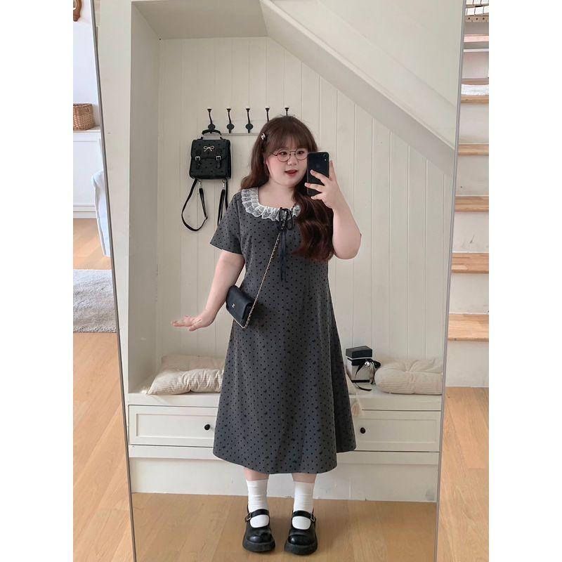 Plus-Size Women s Clothing: Hepburn-Style Gorgeous Lace Bow Trim Velvet Cinched Waist Slimming Dress Polka Dot Bow Flocked Grey Dress 3XL