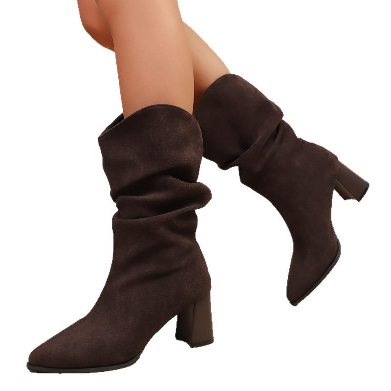 Vintage Pointed Toe High Heel Fashion Boots 2025 Winter New Plus-size Fleece Mid-top Boots for Women