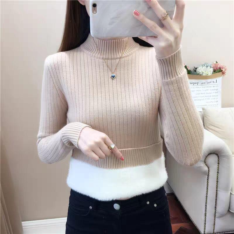 Women's Fleece-Lined Semi-High Neck Knit Sweater - Slim Fit, Solid Color, Perfect for Autumn/Winter.