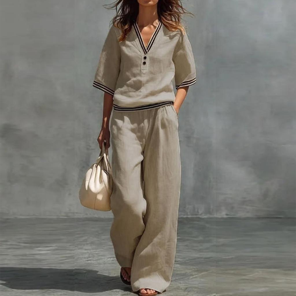 Damen Freizeit Zweiteiler V-Ausschnitt Kurzarm Top und Weite Hosen Lounge Outfit Leichter Bequemer Stoff Stilvolles Design