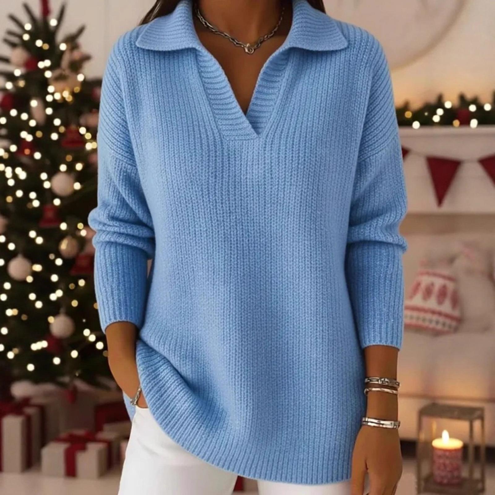 Женский модный вязаный топ крупной вязки с отложным воротником XL синий