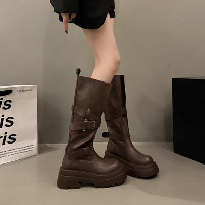 Aber Knie Explosion Maillard braune Ritterstiefel Herbst Plateau Mode Stiefel Damen