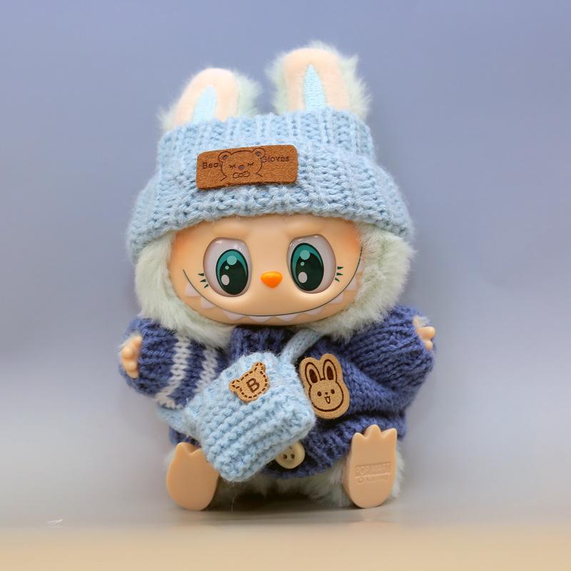Labubu Doll Outfit Set: Knit Sweater, Hat, Button Charm, Small Bag, Vinyl Doll Clothes Replacement