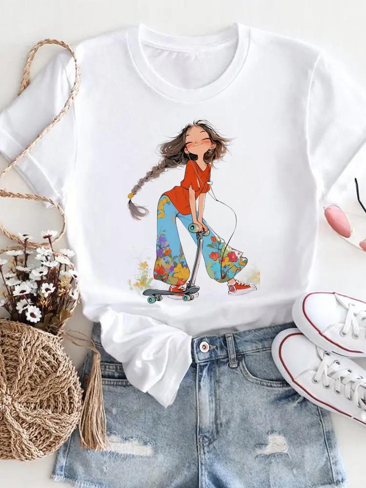 Summer Casual Harajuku Tshirt for Women Cartoon Cute Girl Print Round Neck Short Sleeve Sweet Graphic Travel Polyester Fiber