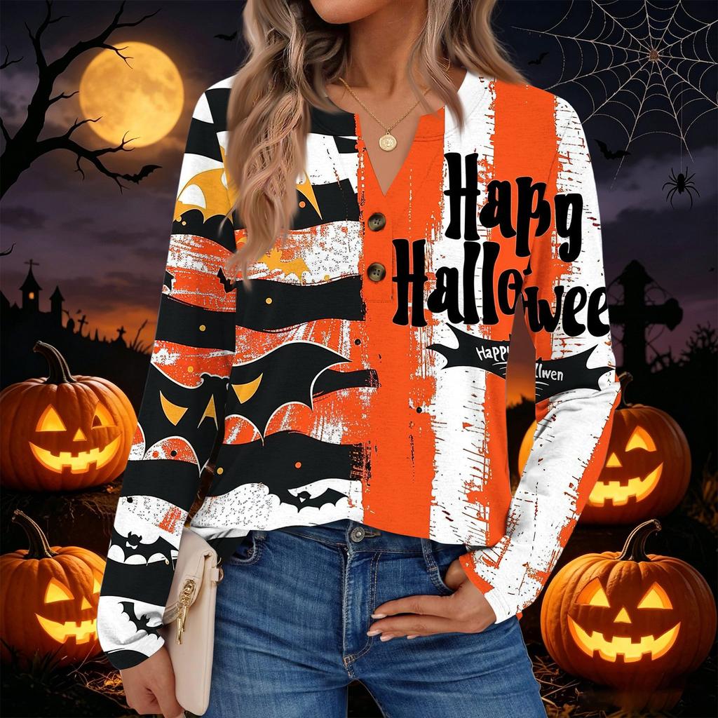 Women's Halloween Print Long Sleeve Shirt Casual Blouse