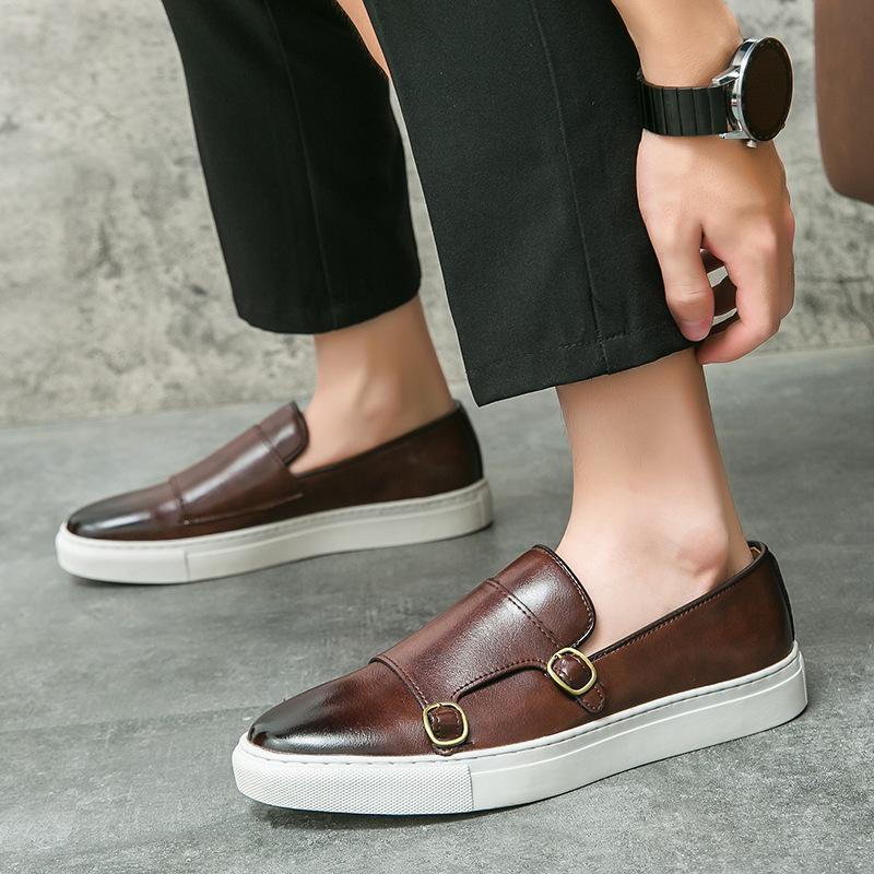 Designer New Shoes for Men Leather Casual Shoes British Style Concise Monk Strap Shoes Street Cool Slip-on Loafers