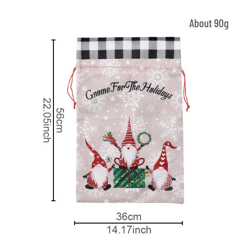 Plaid-Edged Burlap Christmas Gift Bag with Cartoon Forest Old Man Design