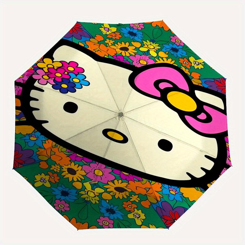 Hello Kitty,Floral Pattern Automatic Folding Umbrella-Simple 8-Rib Design, Bright Cartoon Pattern, Durable Iron Frame, Suitable For Travel,