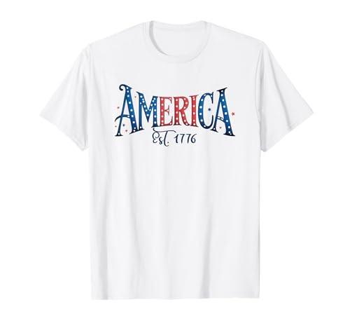 Pretty Patriotic America Est 1776 USA 4th of July T-Shirt S