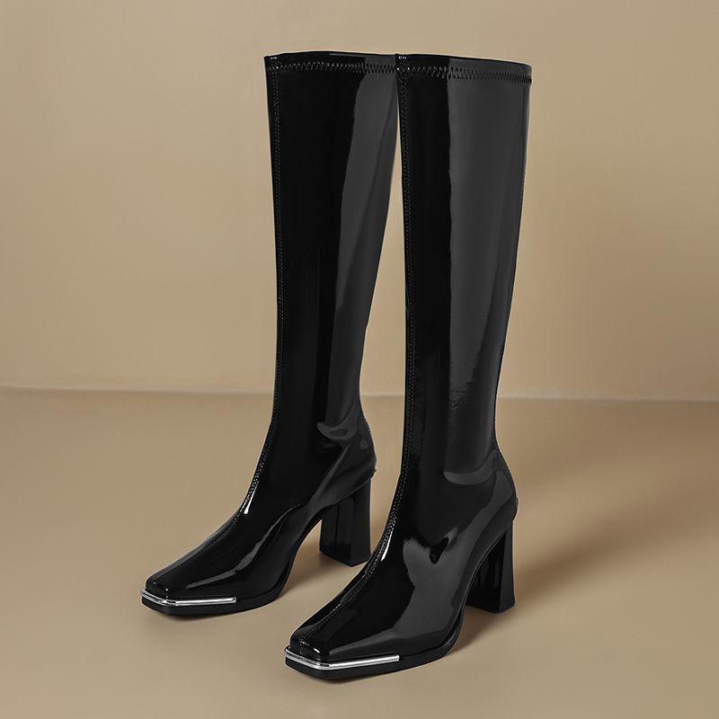 Women's Red Patent Leather Chunky Heel Boots - Autumn/Winter 2025 Collection, Metal Anti-Collision Square Toe, Elastic, Sexy Long Design.