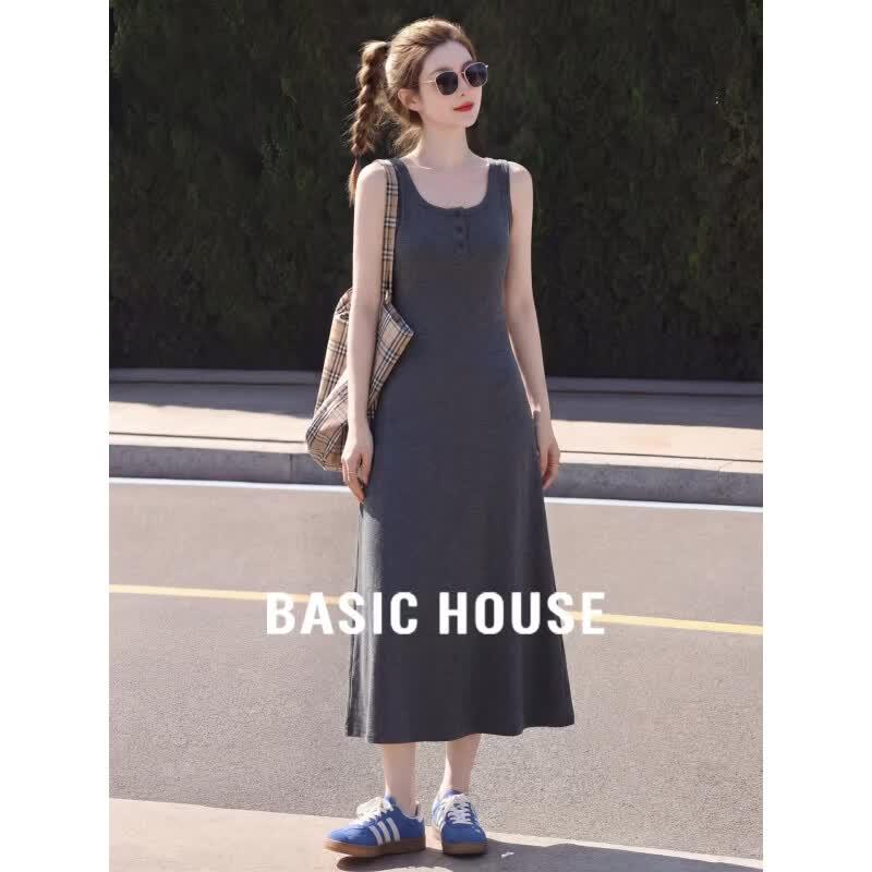 Basic House Women s Summer Drapey Sling Dress L серый