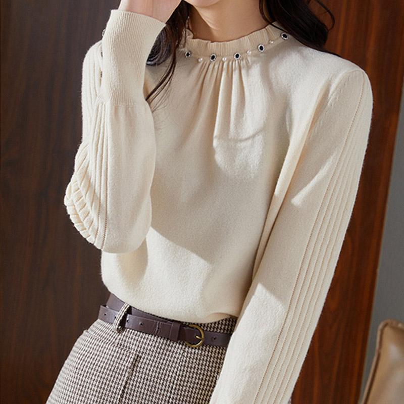 

Женские свитера, пуловеры 2025 Осень-Зима Длинный рукав О-образный вырез Черный вязаный свитер Женские топы, пуловер JJ108 One Size бежевый