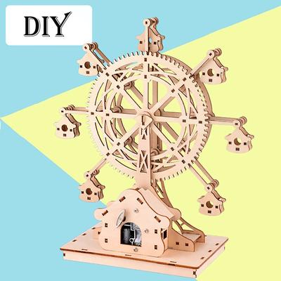 עשה זאת בעצמך מנגינה מופעלת במתיחה גלגל ענק שמח מעץ להכנה פאזל להרכבה צעצועי עץ מודל מעשי