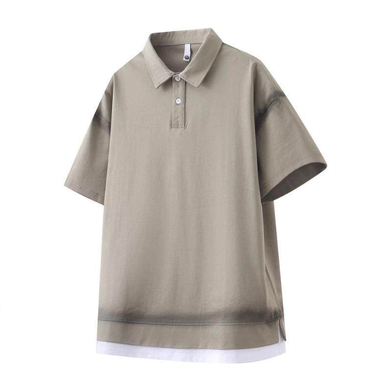 Men Turn Down Collar Short Sleeve Polo Shirt Gradient Washed Fake Two Piece Loose Casual Tops