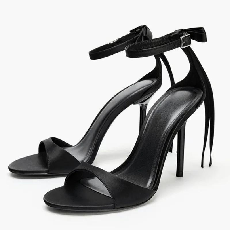Fashion Black Narrow Band Bow Brand High Heel Sandals Women Summer Sexy Open Toe Thin Heel Designer Shoes Elegant Nightclub Dress Shoes
