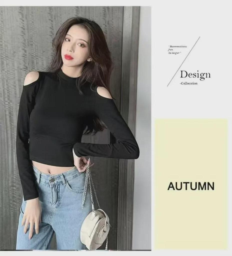 Women's Black Off-Shoulder Long Sleeve Crop Tops - Autumn/Winter High Collar Cotton Fashion T-Shirts