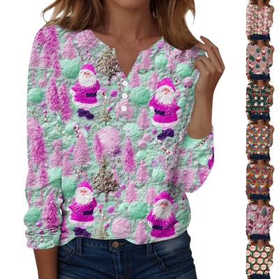Moda Feminina Casual Decote V Manga Longa Botão Decorativo Estampa de Natal Top