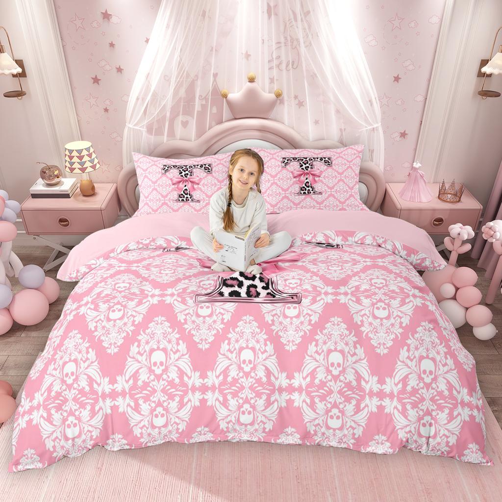 Homewish Girls Pink Duvet Cover Set Leopard Print Initial Bedding Set Bohemian Paisley Bowknot Comforter Cover Set