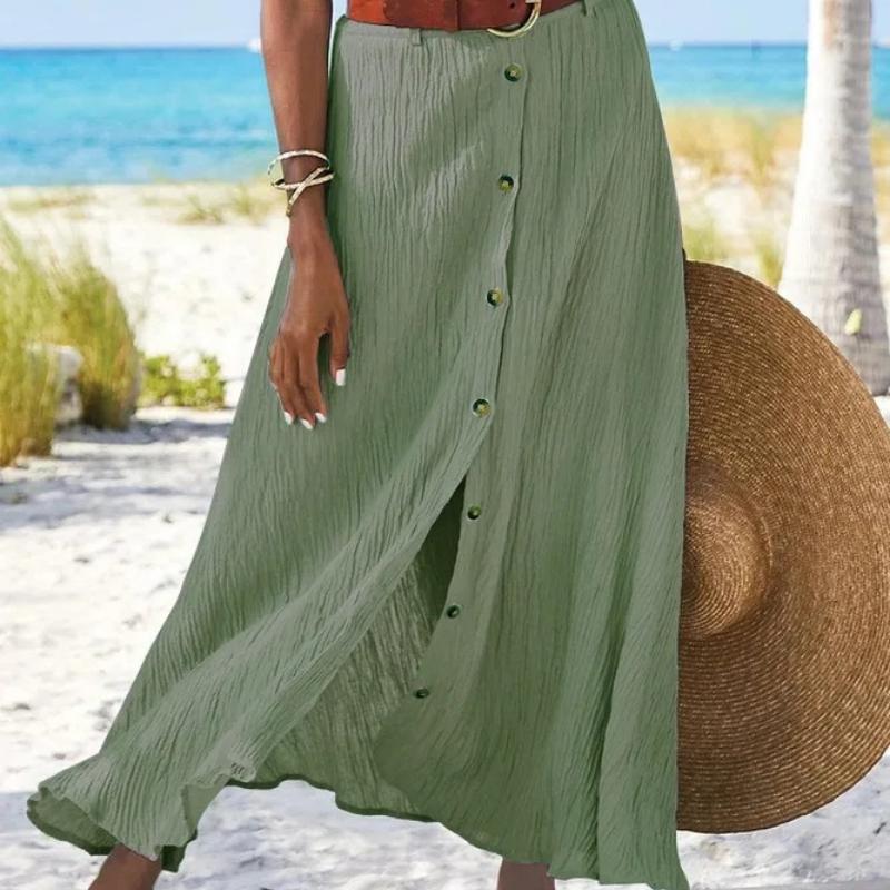 Jupe d'été pour femme Coton Lin Bouton Important Fente Imprimé Floral Mode Polyvalente Vacances Plage Jupe Mi-longue