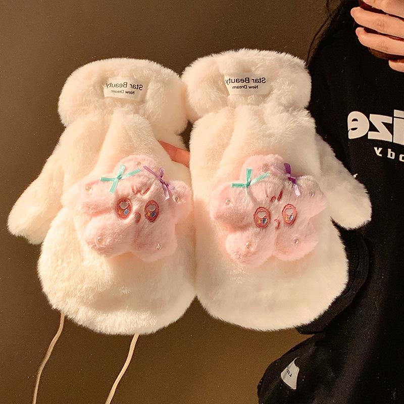 Cute Stars Plush Finger Gloves Women Winter Plush Thickened Warm Cold Furry Cycling Student