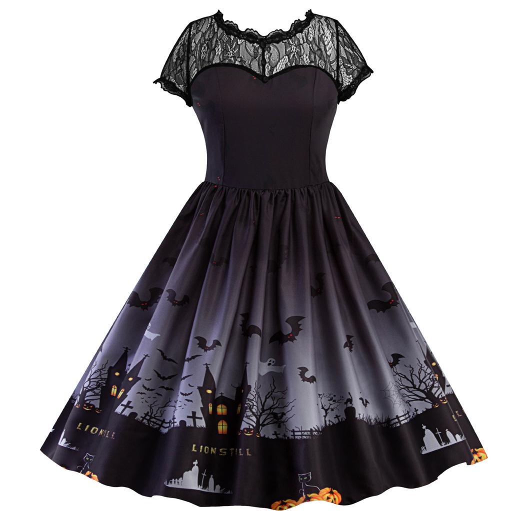 Amazon Cross-border European and American Halloween Dark Bat Women's Clothing, Foreign Trade 2023 New Lace Flower Dress