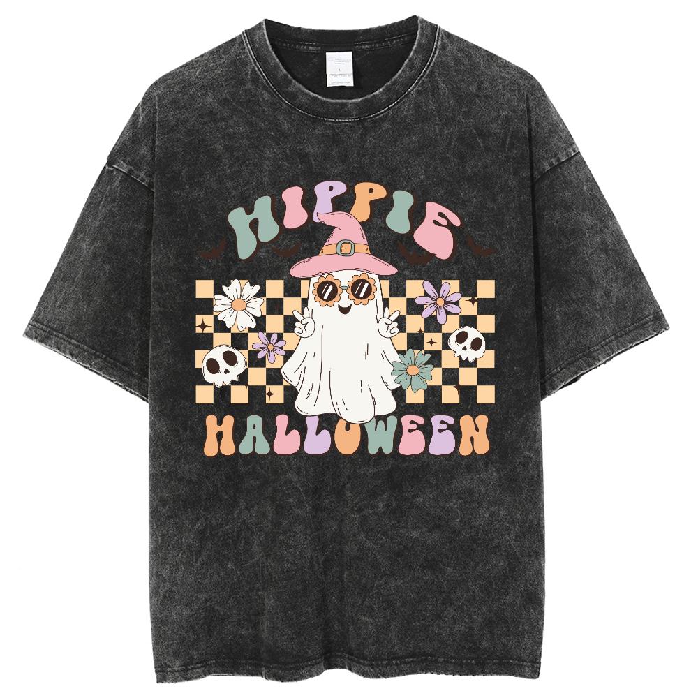 Happy Halloween Ghost Print Womens TShirt Washed Oversized Black Breathable Short Sleeve Unisex Cute Top Men S