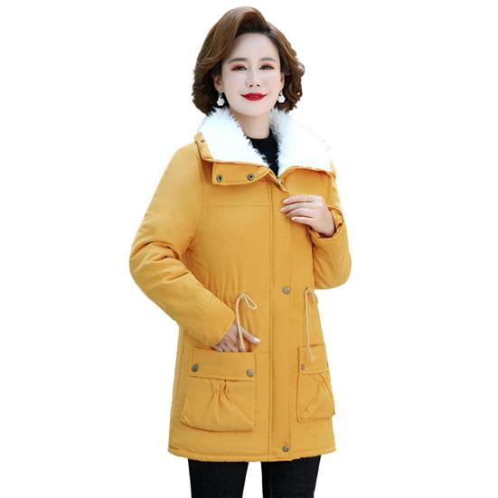 Winter Women Jacket Thickened Plush Turn-down Collar Long Sleeves Elastic Waist Pockets Zipper Closure Coat Mid Length Windproof Warm Coat
