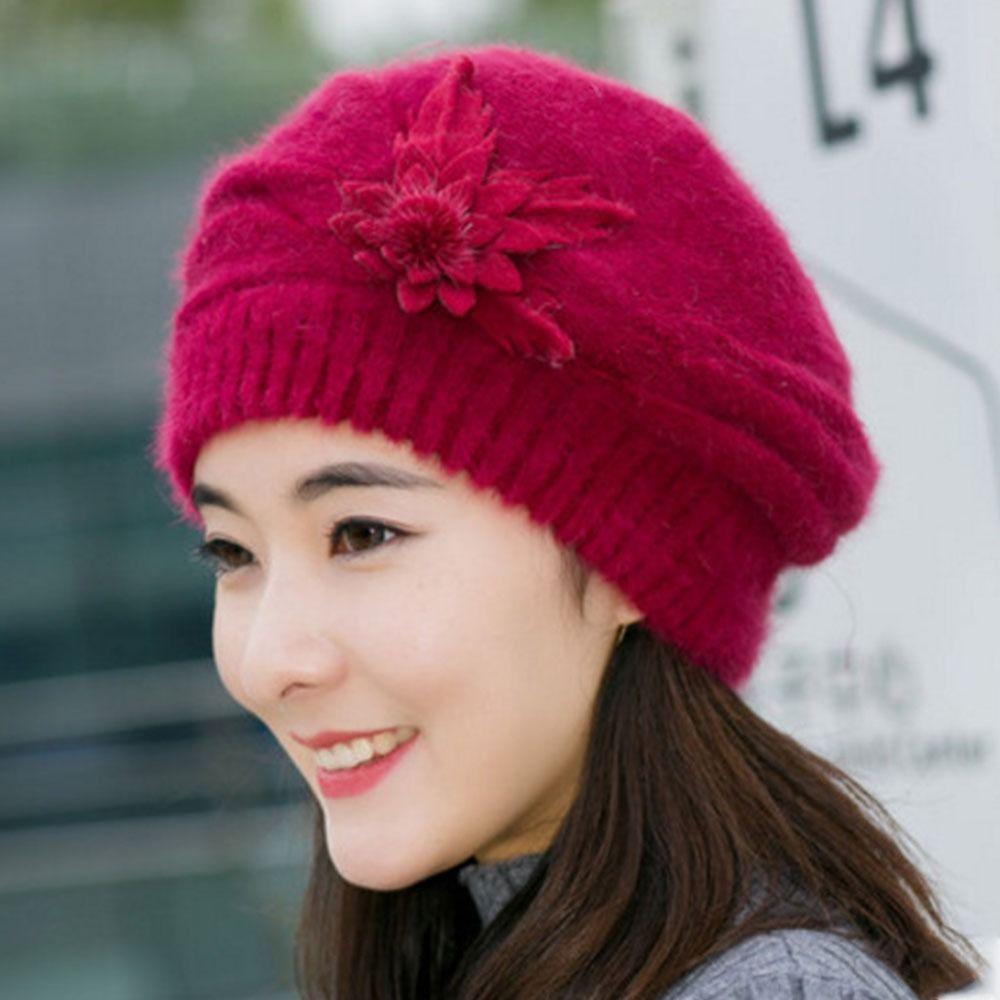 Pure Color Mom Hat Knitted Wool Female Berets Casual Winter Flower Hat  Autumn Winter