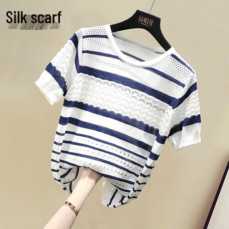 Women s Striped Hollow Knit Top One Size