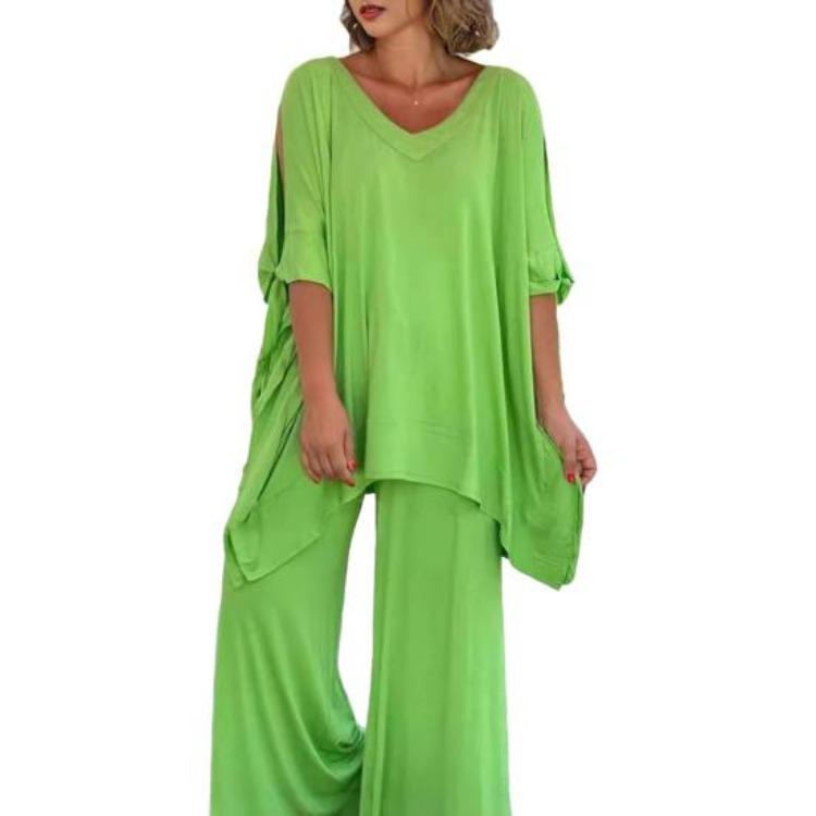 Boho Damen lockeres zweiteiliges Set lässiger Pullover-Top mit kurzen Ärmeln