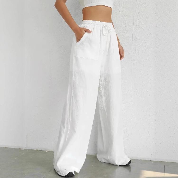 Summer New Women Casual Solid Color Drawstring Straight Leg Slightly Flared Pocket Sport Pants
