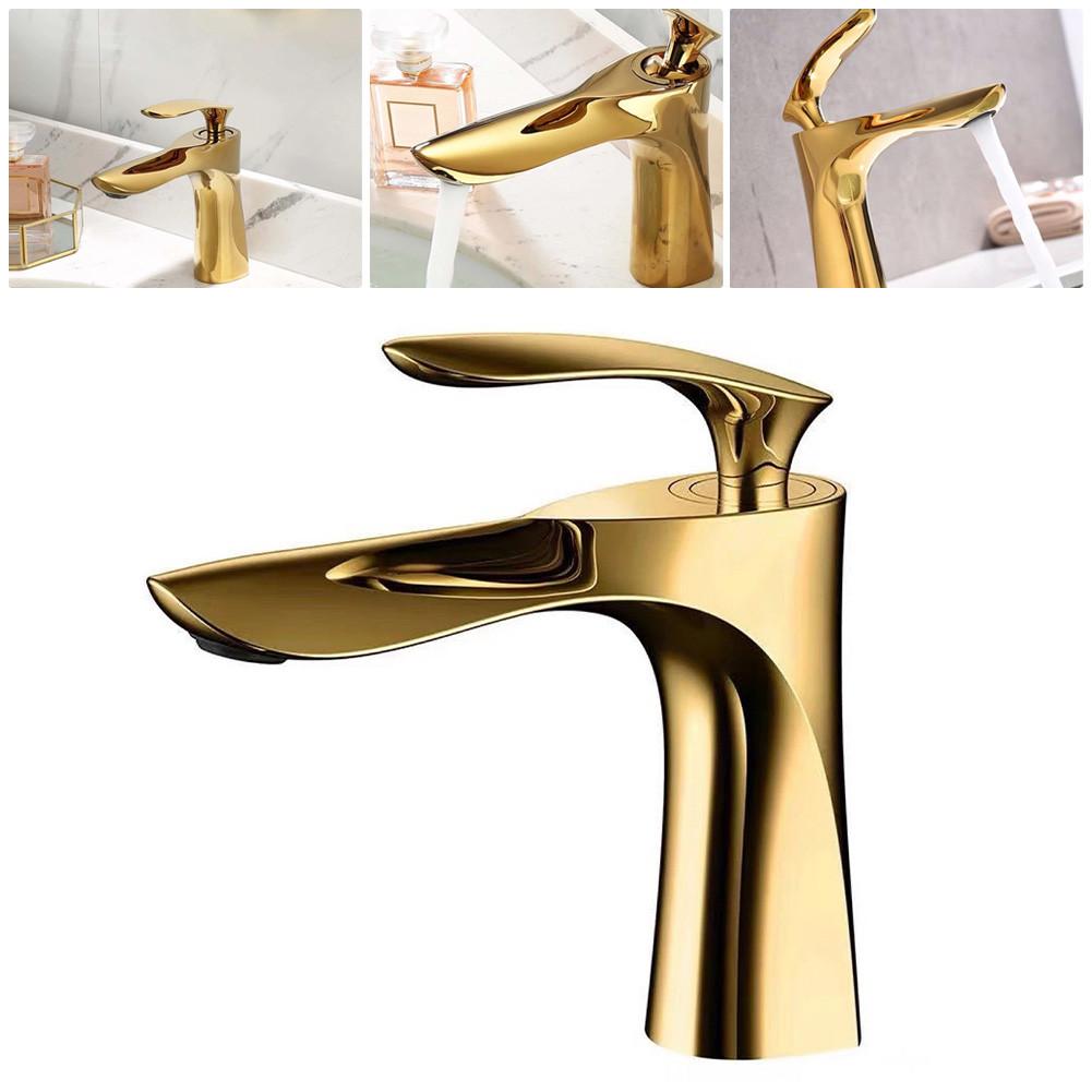 1x Gold Brass Wash Basin Faucet Sink Faucet Cold & Hot Waterfall Faucet Single Handle Deck Mounted For Bathroom Fixture