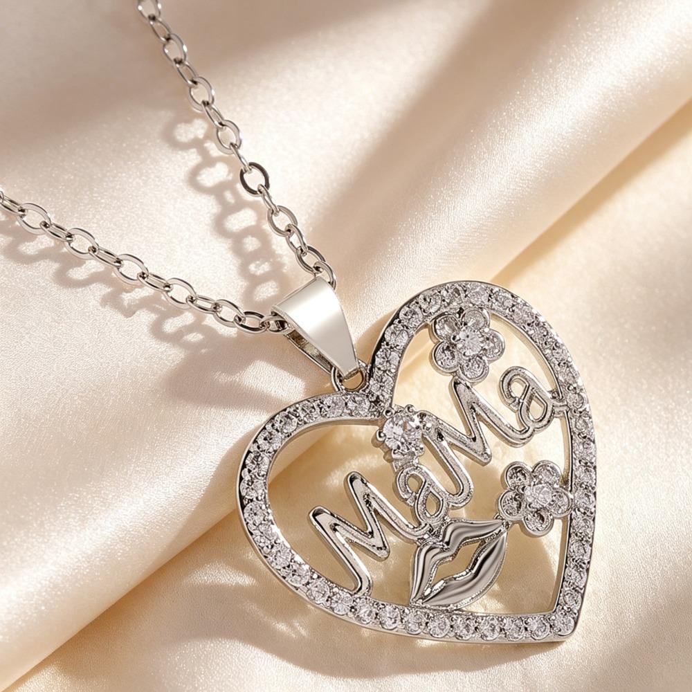 Mama Micro-inlay Zircon Flower Hollowed-out Heart Pendant Necklace Earrings Sets for Women Exquisite Mother's Day Gifts Jewelry