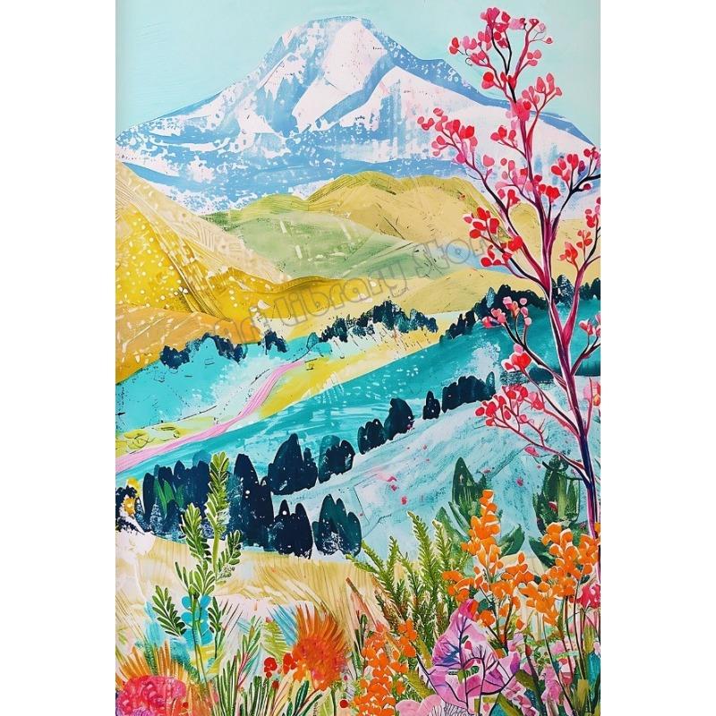 Abstract Colorful Floral Mountain Lake Nature Landscape Illustration Poster Wall Art Pictures Canvas Painting Home Dorm Decor
