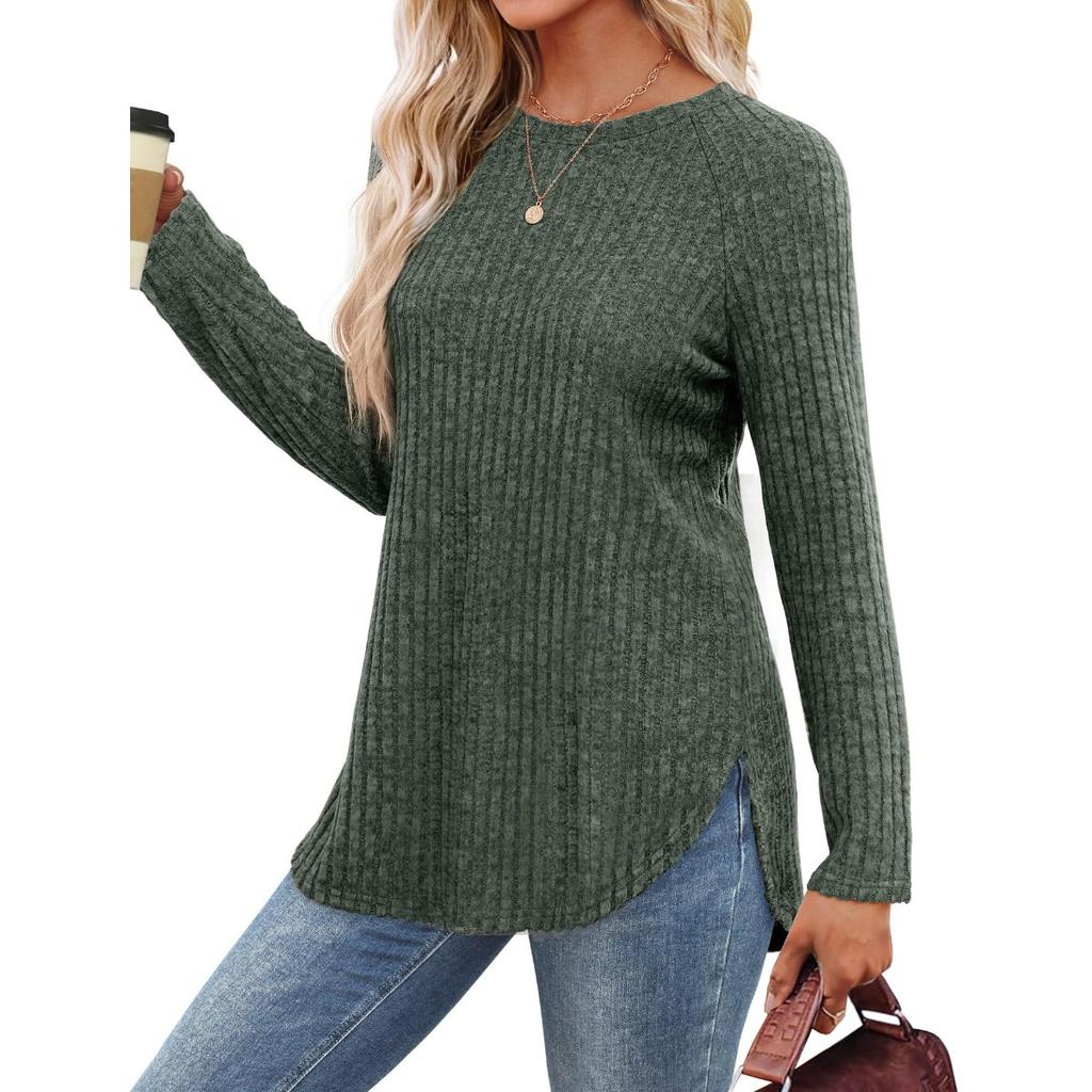 Women's Autumn New Loose Round Neck High and Low Curved Hem Top