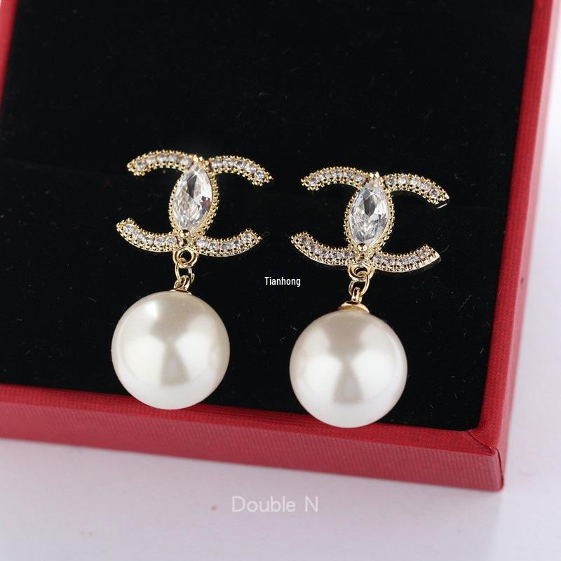 Doppel-Perlen-Hängeohrringe - 925 Sterlingsilber-Nadel, Vielseitiges Modeaccessoire für Damen