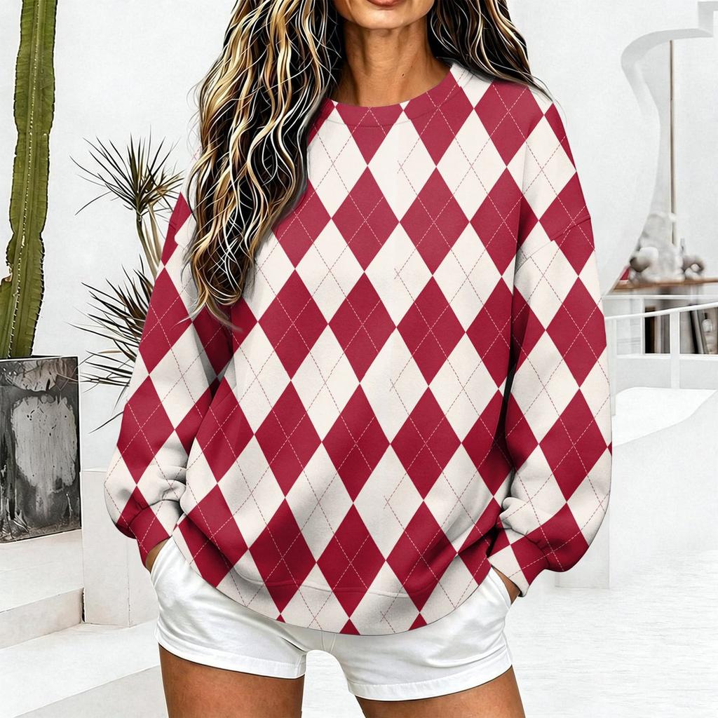 Women's Casual Fashion Diamond Print Crew Neck Sweatshirt