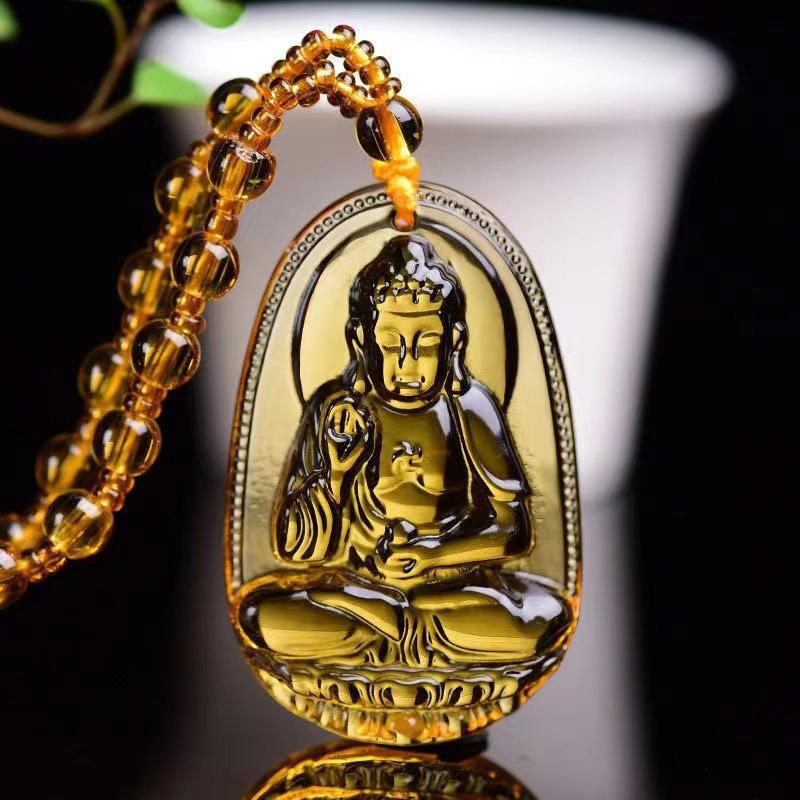 Yellow Crystal Necklace Long Sweater Chain Manjushri Pendant Amitabha Pendant Unisex Gift