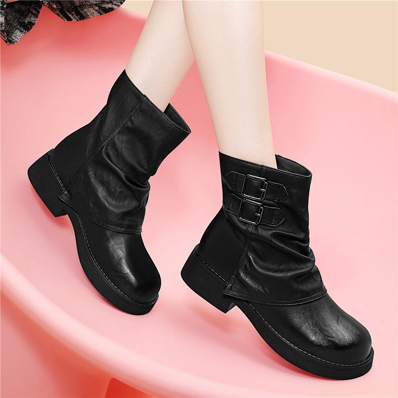 

Autumn and winter new piled boots, trouser boots, soft leather thick-soled Martin boots, versatile brown short boots, cotton shoes 34