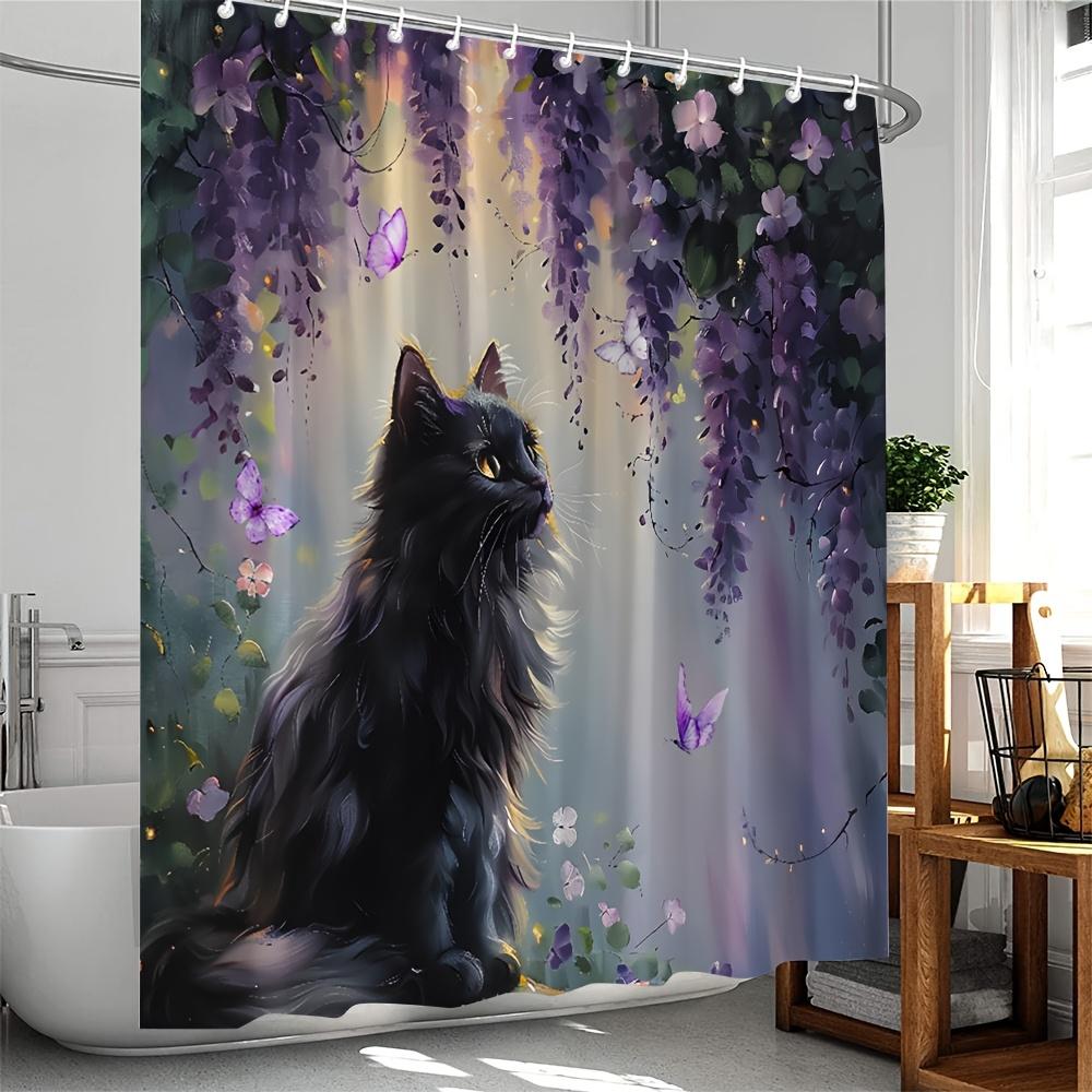 Black Cat Shower Curtain - Purple Lavender & Wisteria, Spring Watercolor Butterfly Design - Polyester Bath Curtain Set