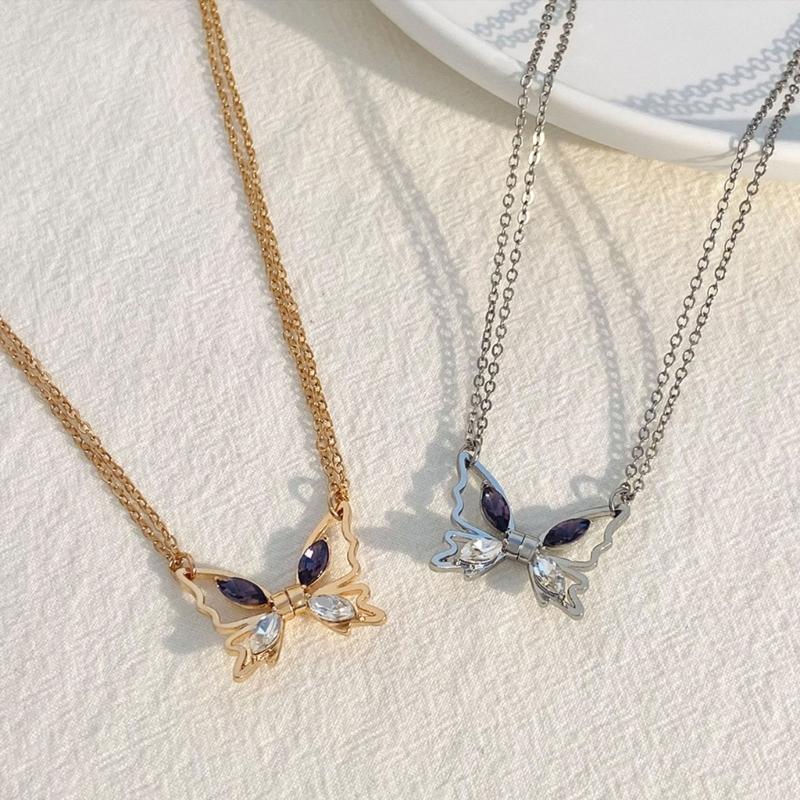 2Pcs Alloy Hollow Butterflies Pendant Necklace European American Zircon Inlay Friendship Couple Necklaces for Gift