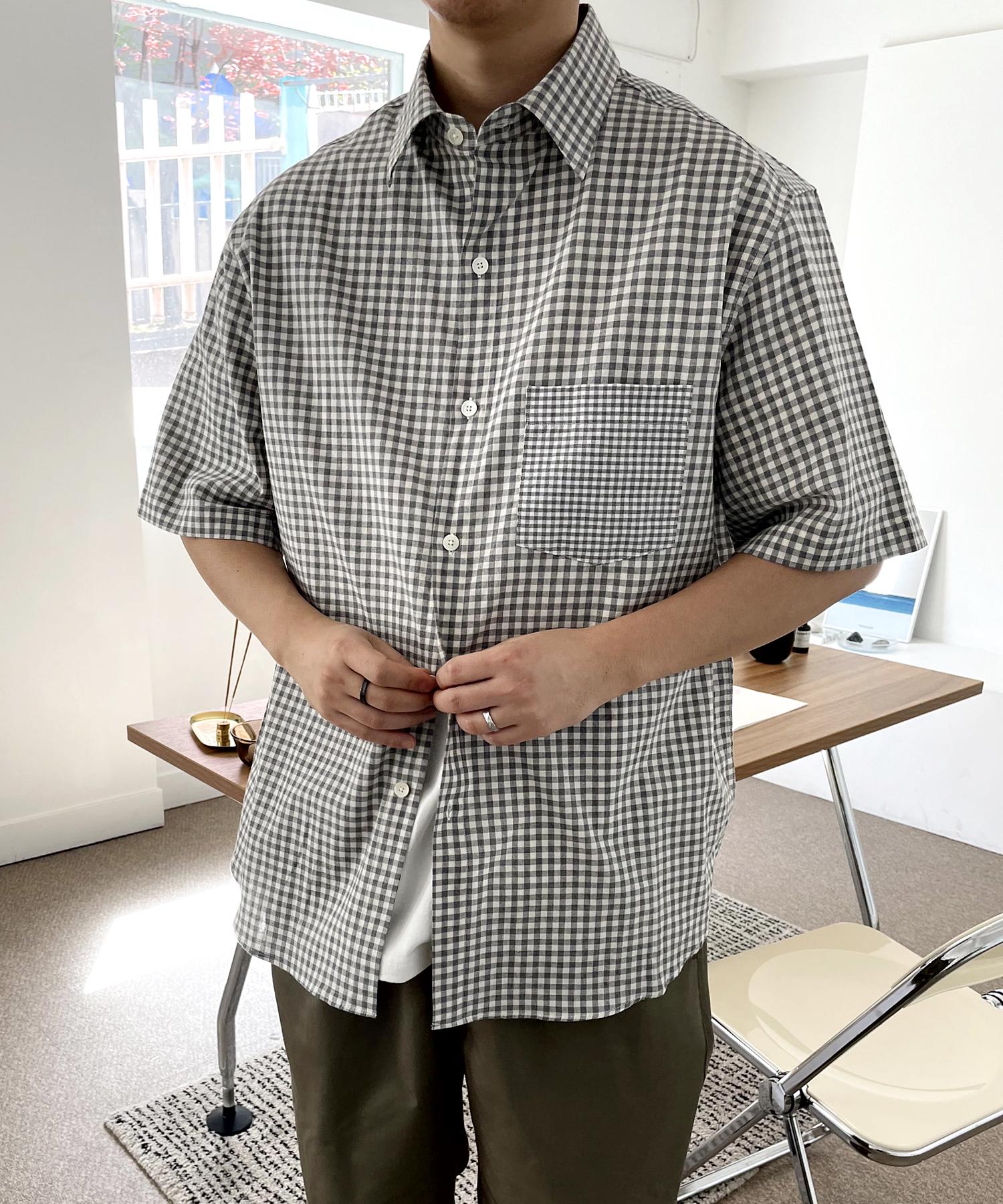 United Garments French Gingham Washed Half Shirt (Gingham Grey) Gingham Gray/40