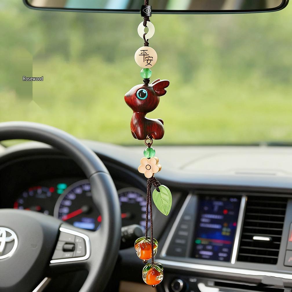 Sandalwood Little Deer Car Charm: Gourd Ornament for Rearview Mirror