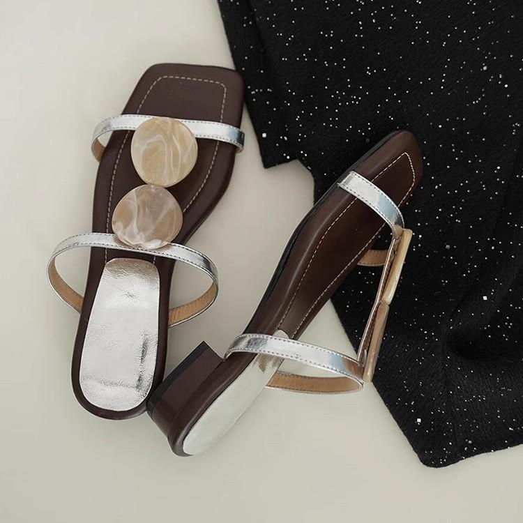 Soft Leather Version~ French New Niche Design Square Head Wear Leather Cool Slippers Women's Low Heel Temperament Open-toed Sandals